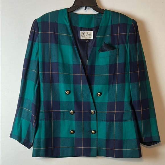 Vintage Le Suit Blazer Size 14 Blue Green Plaid Double Breasted - Picture 1 of 5